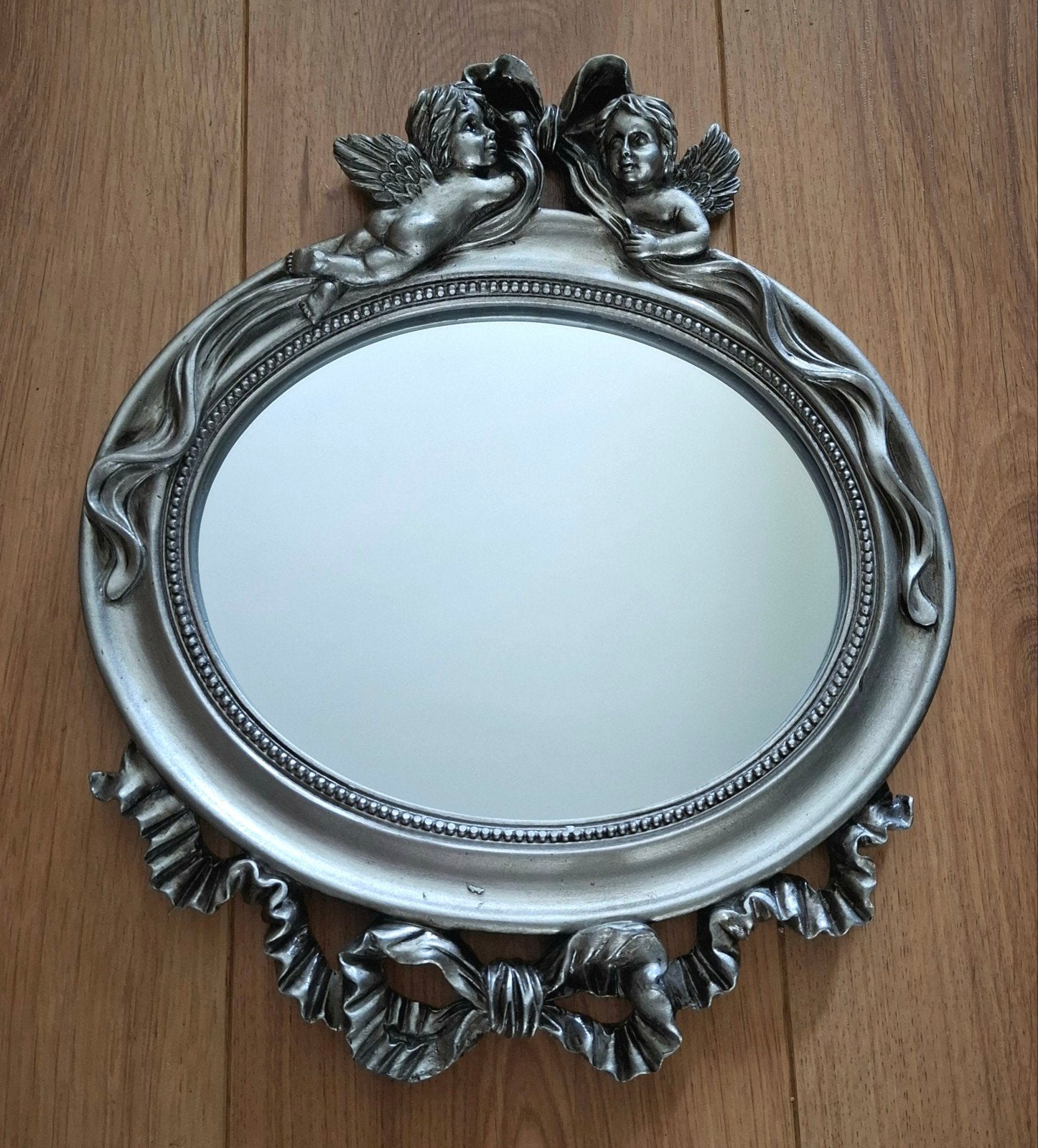 Ovale Barok, brocante Spiegel met Engelen - Antiek Zilver, Huis en Inrichting, Ophalen, Ovaal, Minder dan 50 cm, Minder dan 100 cm