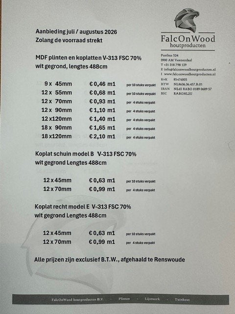 MDF plinten standaard en V-313, Ophalen, Nieuw, Mdf, 250 cm of meer