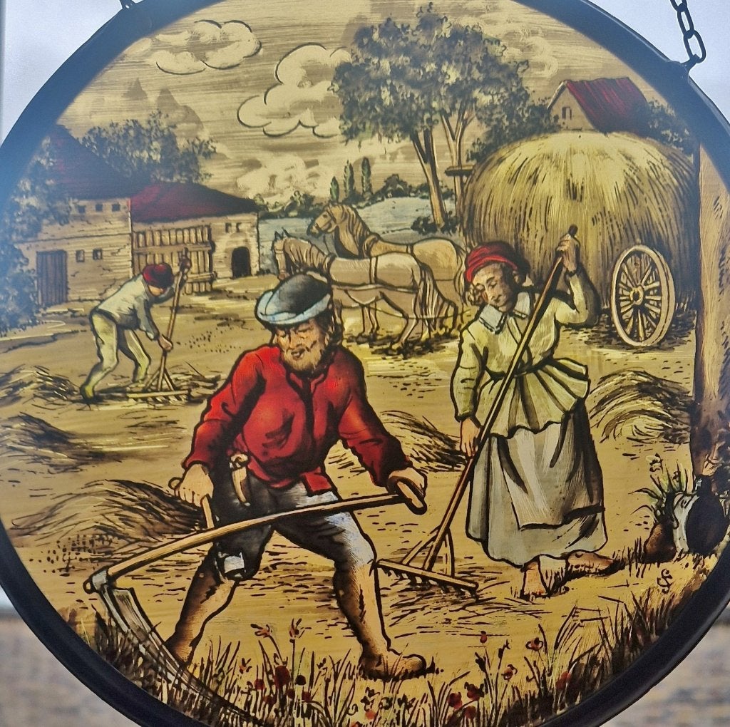 Oude gebrandschilderde raamhanger BOERENBEDRIJF gesigneerd, Ophalen of Verzenden
