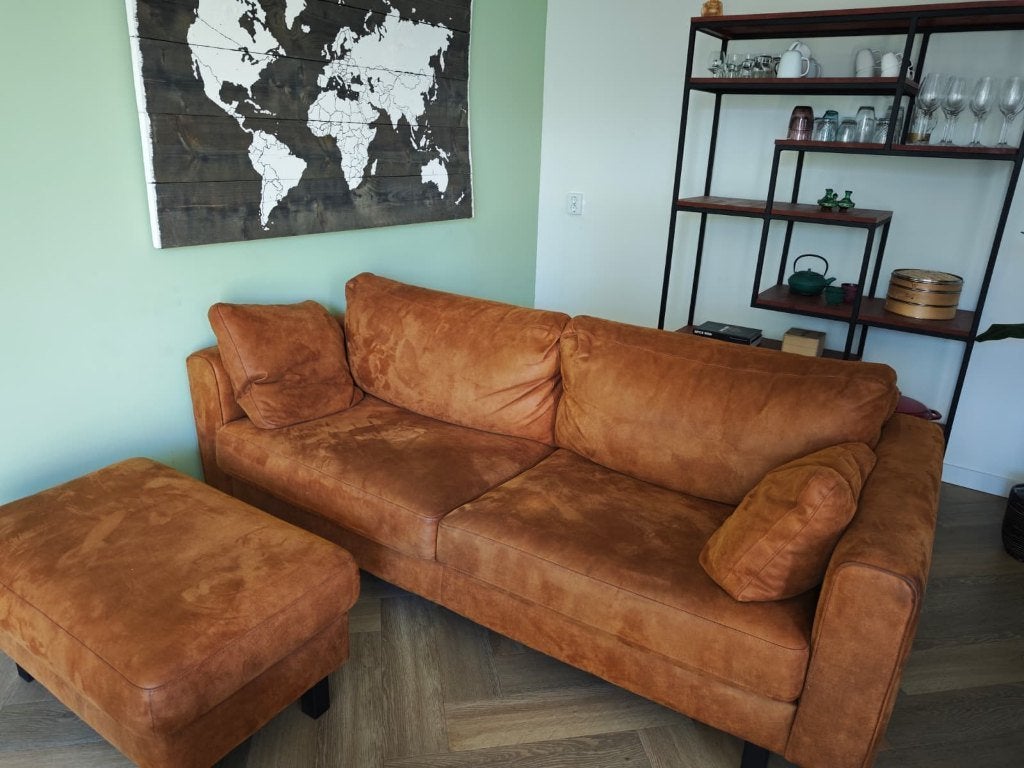 Microleder Bank met poef, Ophalen, Zo goed als nieuw, Rechthoekig, 125 cm of meer
