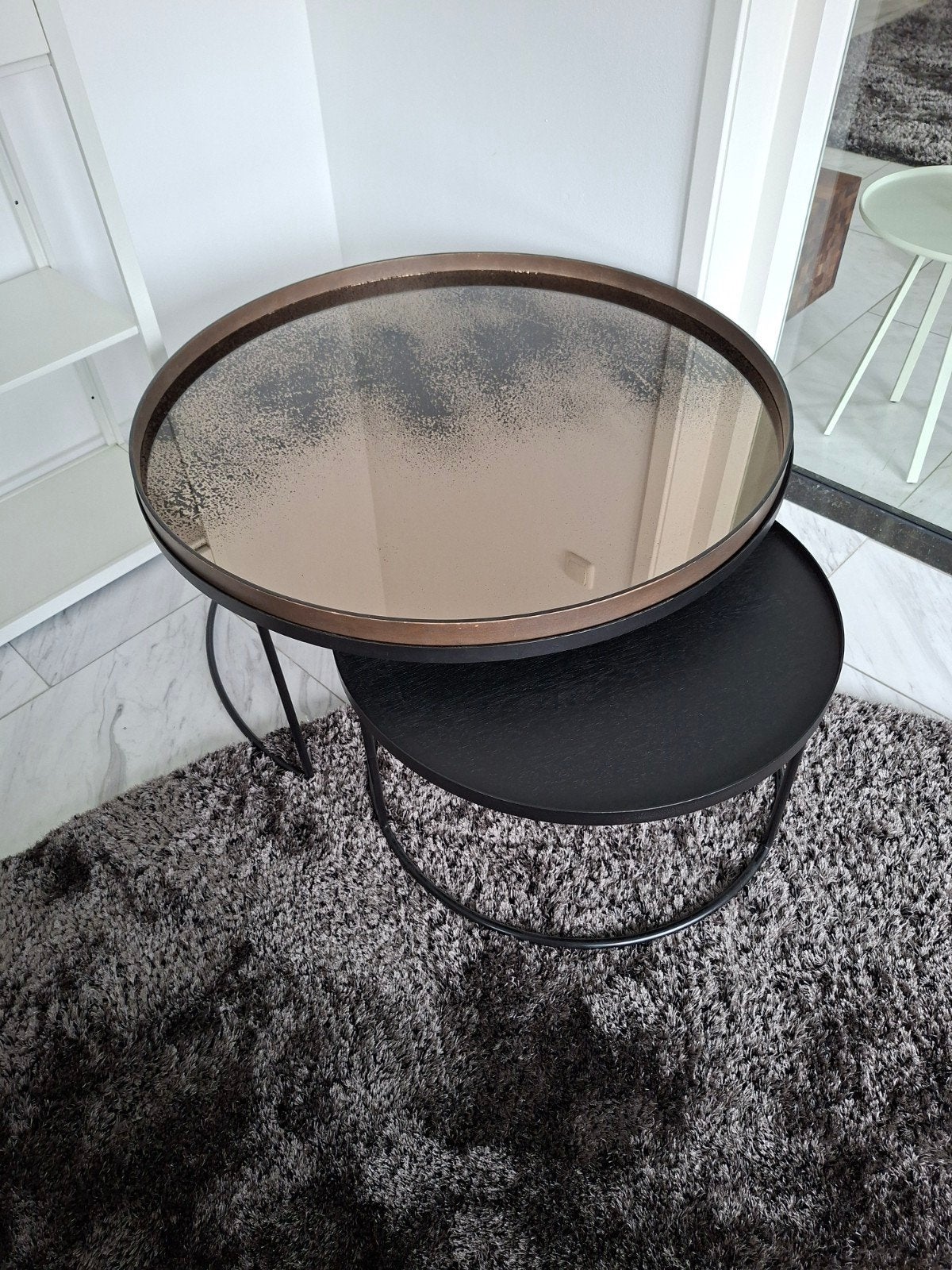 Ethnicraft salontafel set met los bronze spiegelblad, Huis en Inrichting, Ophalen, Gebruikt, 50 tot 100 cm, Rond