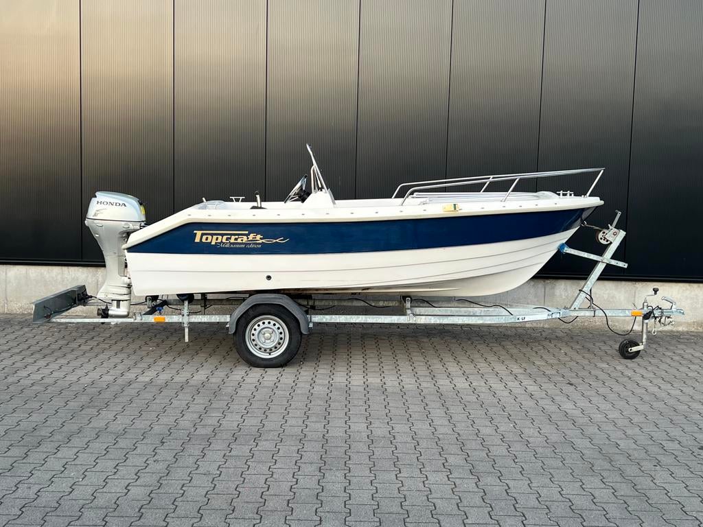 Topcraft 435 consoleboot + Honda 15 pk 4-takt + Kalf Trailer, Ophalen, 10 tot 30 pk, Gebruikt, Buitenboordmotor