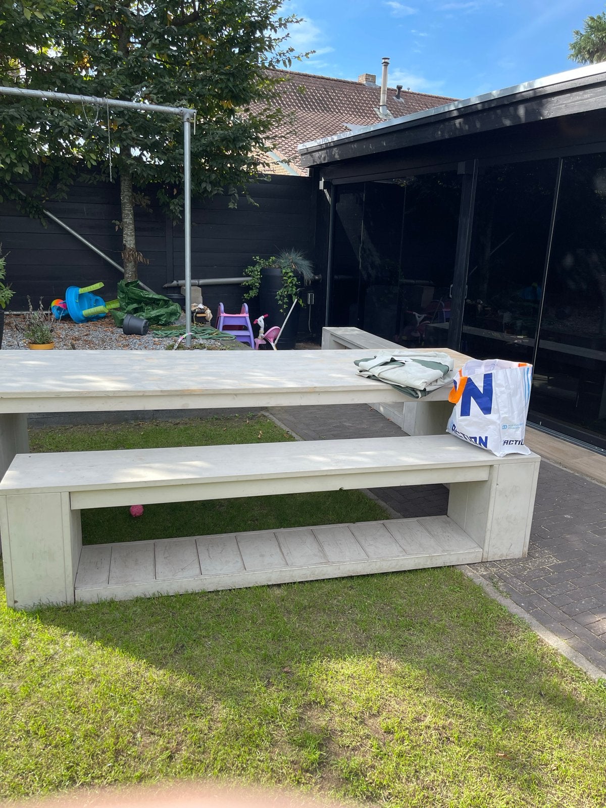 Steigerhouten picknicktafel met 2 banken - 270x100 cm, Tuin en Terras, Ophalen of Verzenden, Gebruikt, Rechthoekig, Hout