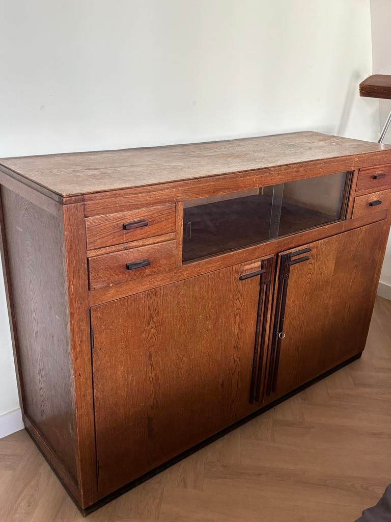 Vintage Haagse School Kast met Vitrine, Ophalen, Gebruikt, Vintage, Minder dan 100 cm
