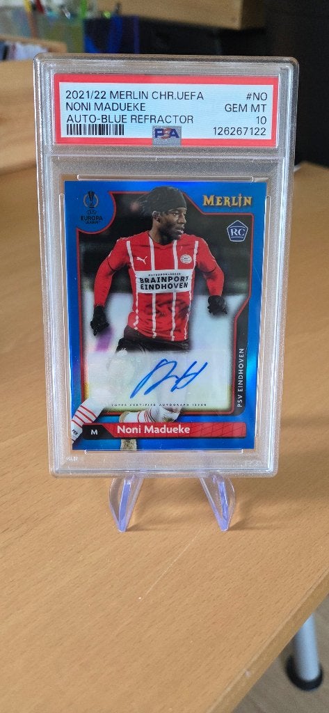2021 Topps Merlin PSV Noni Madueke auto Rookie PSA 10 /75, Verzenden, Nieuw, PSV, Poster, Plaatje of Sticker