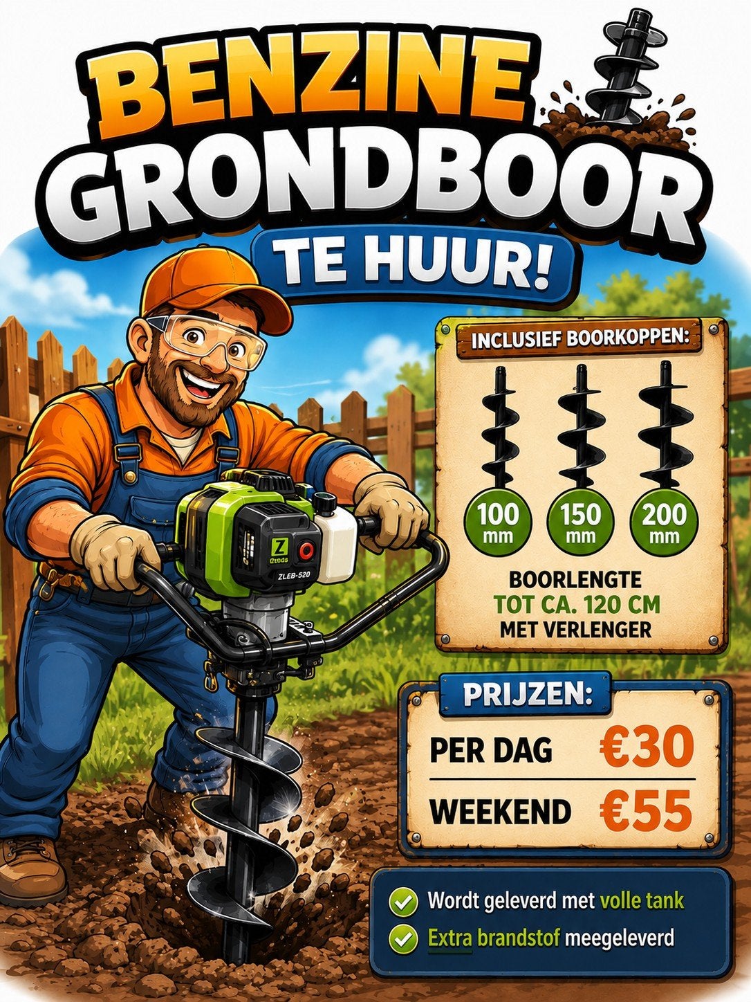 Benzine grondboor te huur | €30 p/dag, Ophalen, Grondboor