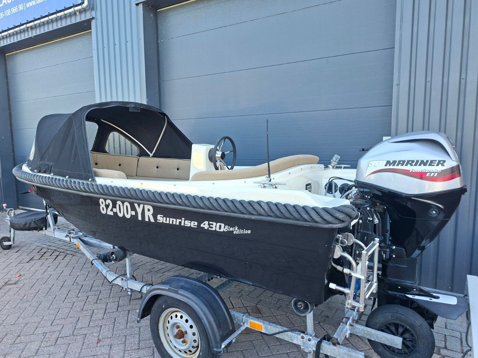 NIEUWSTAAT! Sunrise 430 + 30PK Mariner EFI 4 Takt + Trailer, Watersport en Boten, Sloepen, Ophalen of Verzenden