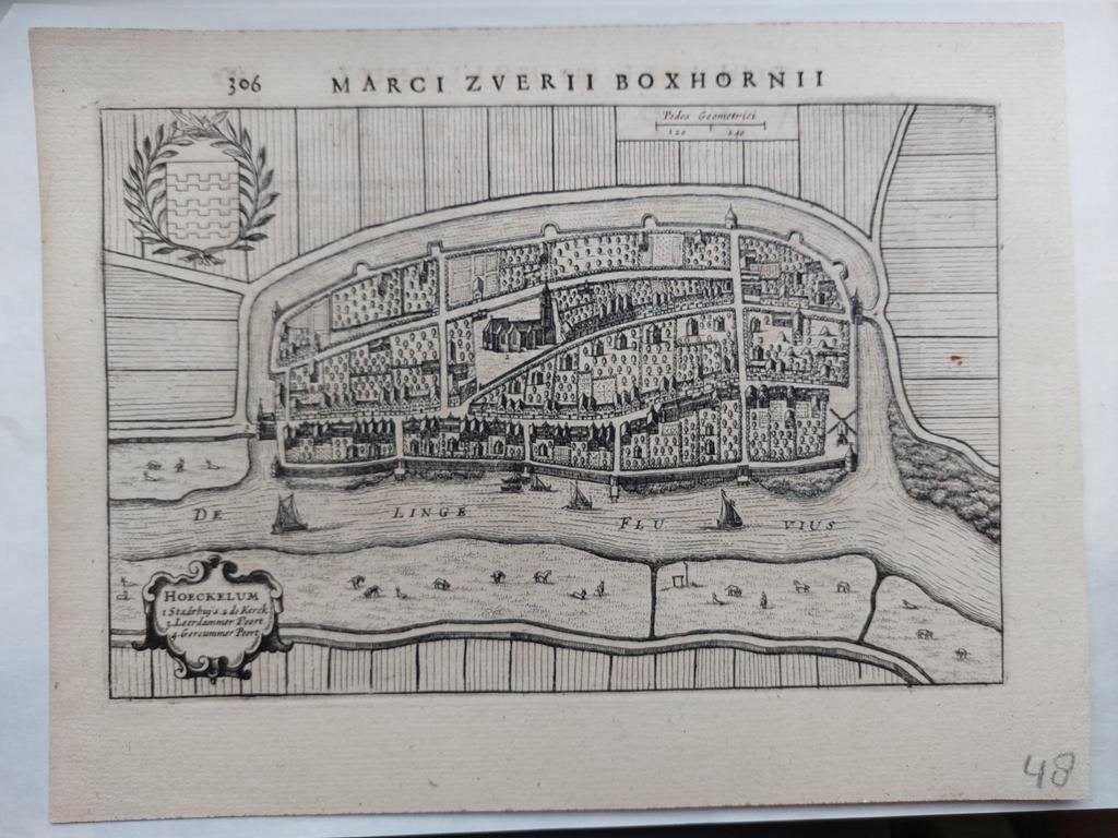2 / Plattegrond van Hoeckelum - Heukelom Gravure uit 1634, Antiek en Kunst, Ophalen of Verzenden