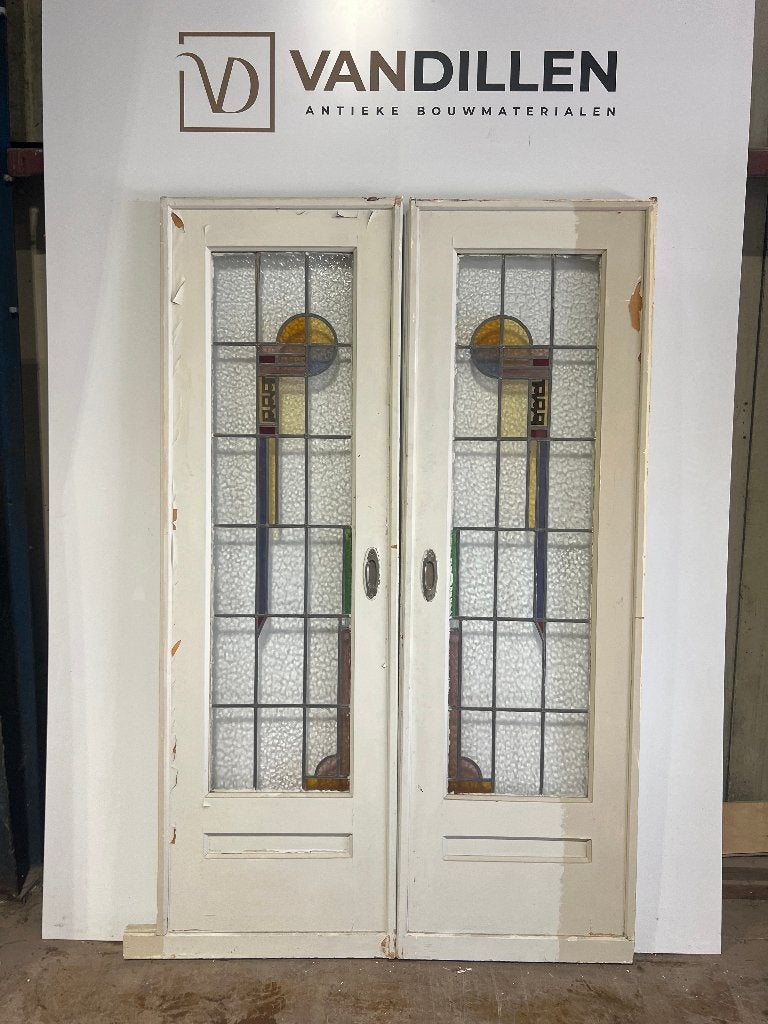 Oude ensuite schuifdeuren met art deco glas in lood motief, Gebruikt, 120 cm of meer, Binnendeur, Ophalen of Verzenden