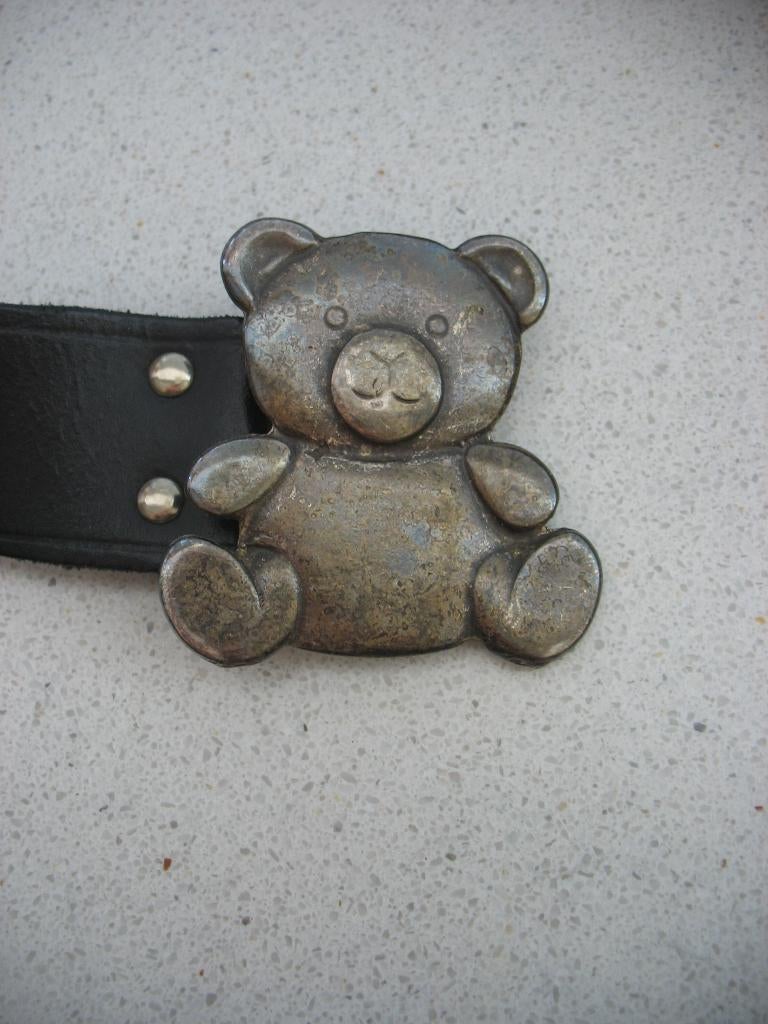 Zwarte Leren Ceintuur Zilverkleurige Teddy Beer *Vintage, 3 tot 5 cm, Zwart, 90 tot 100 cm, Tailleriem