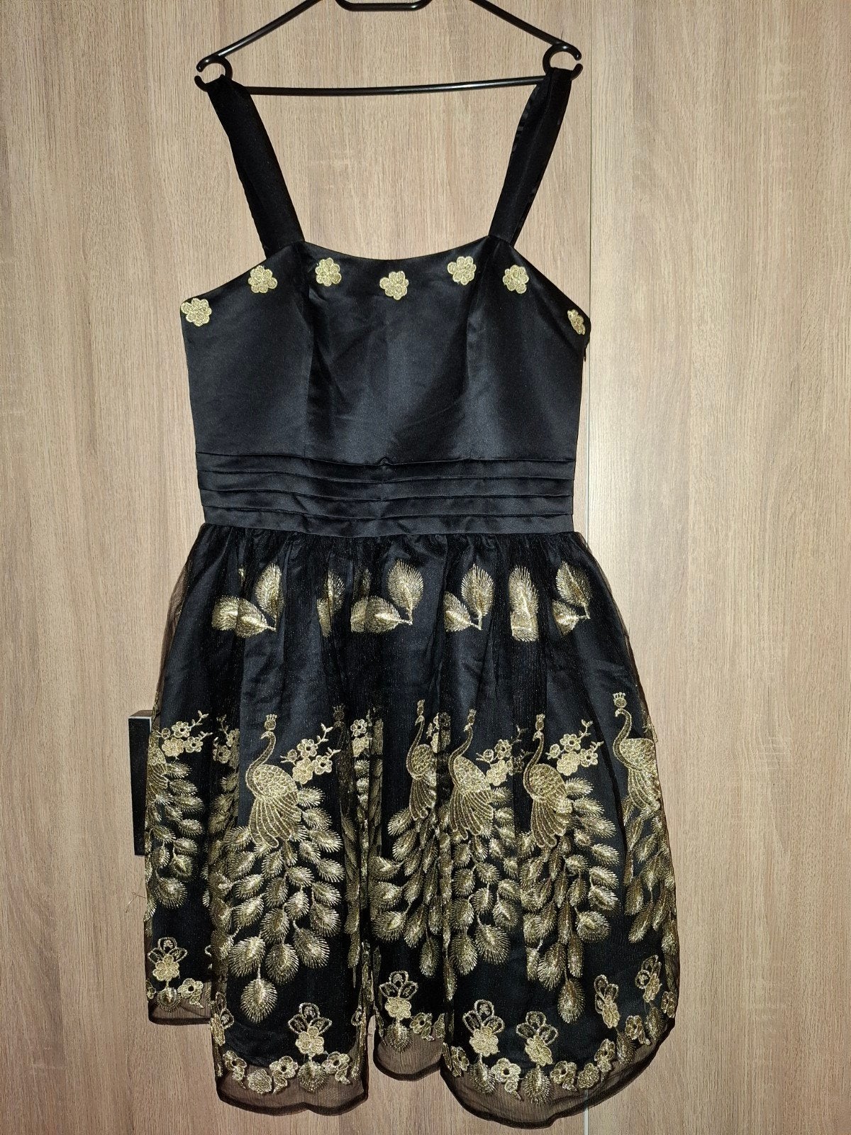 Zwart jurkje met geborduurde gouden pauwen - Dancing Days, Zwart, Maat 46/48 (XL) of groter, Ophalen of Verzenden, Zo goed als nieuw