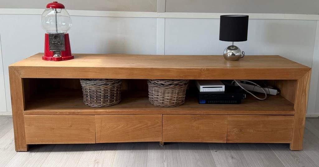 Robuust Teakhouten TV Meubel 180x50x50, Huis en Inrichting, Kasten | Televisiemeubels, Ophalen, Gebruikt, Teakhout, 200 cm of meer