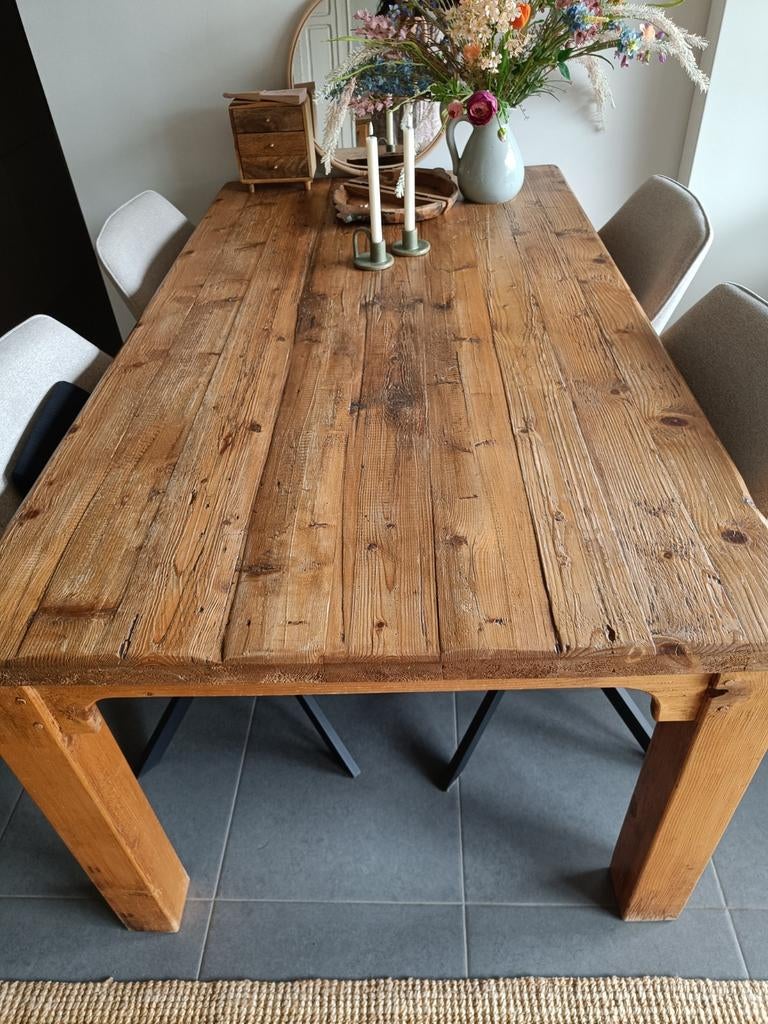 Robuuste grenen eettafel van oud Oostblok wagonplanken, Huis en Inrichting, Tafels | Eettafels, Gebruikt, Vijf personen of meer