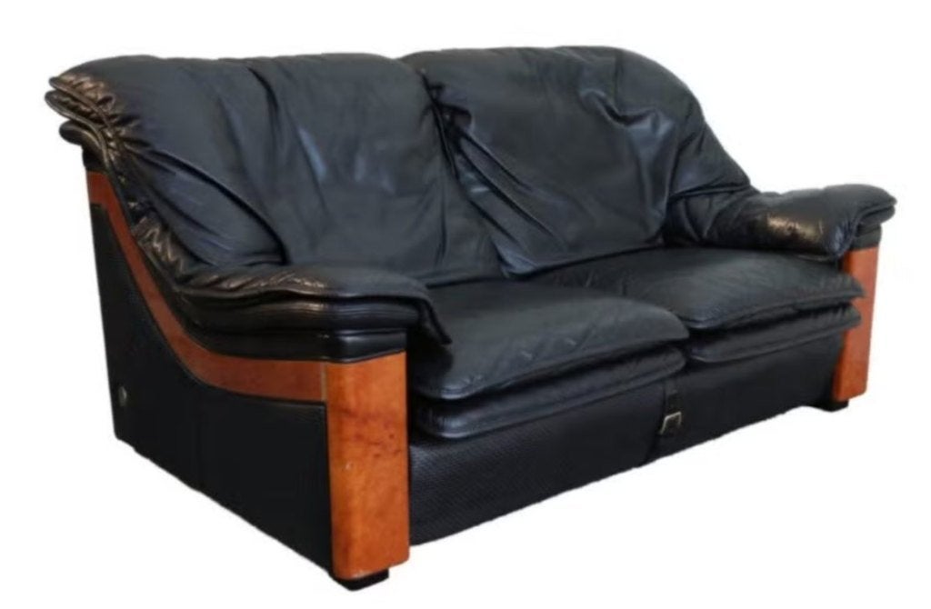 Paolo Gucci Formitalia tweezitsbank zwart leer wortelhout, Gebruikt, Postmodern, Italiaans design, jaren 90, Hollywood Regency