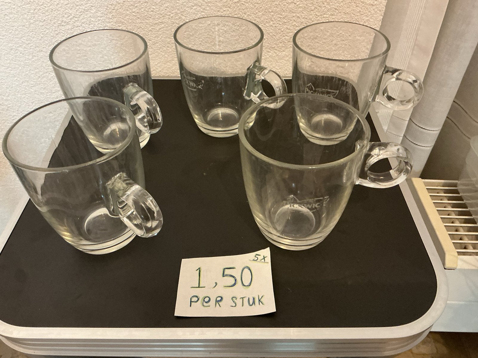 5x Glazen mokken met oor -pickwick. DE 1,50 p/st, Ophalen of Verzenden, Overige merken, Glas, Overige typen