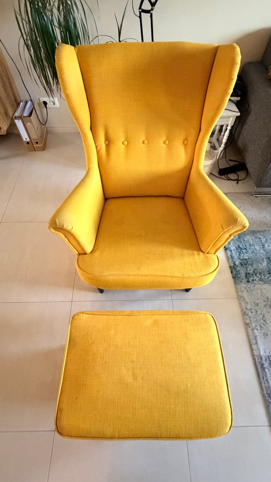 IKEA Strandmon fauteuil met voetenbank - Geel, Ophalen, Gebruikt, Stof, 75 tot 100 cm