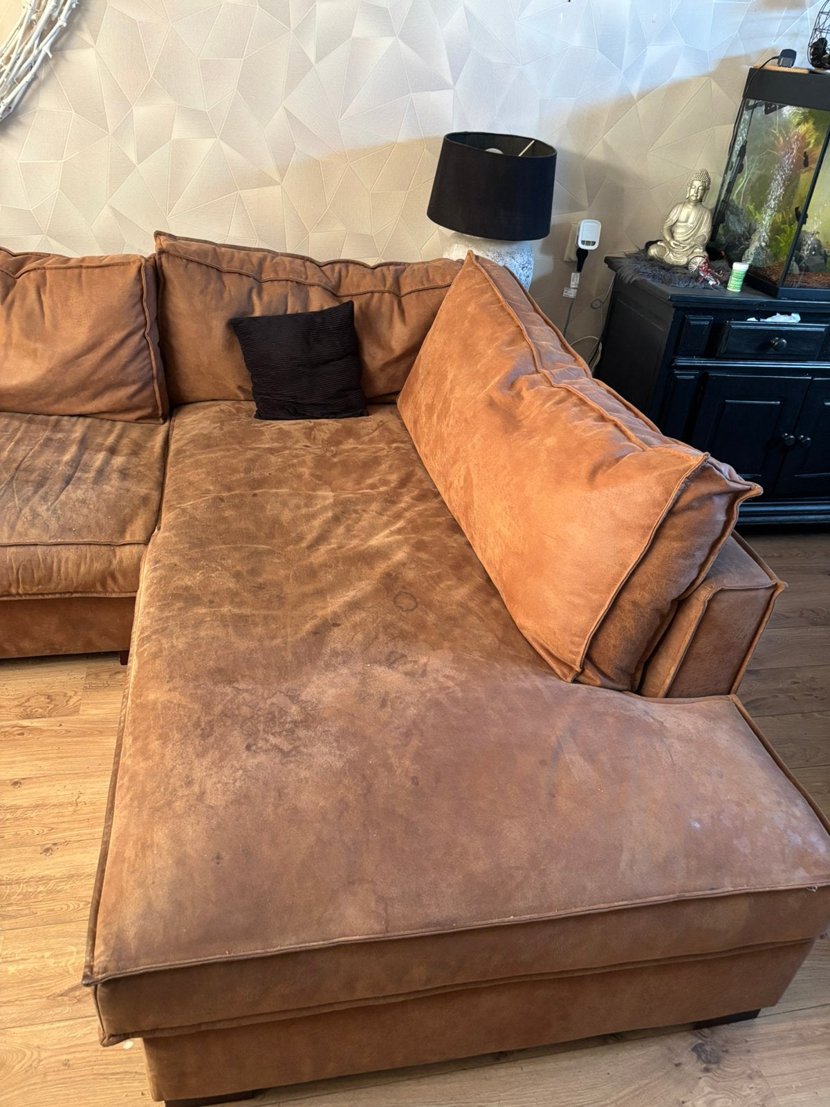 Groot bruin leren hoekbank, Huis en Inrichting, Ophalen, Gebruikt, Leer
