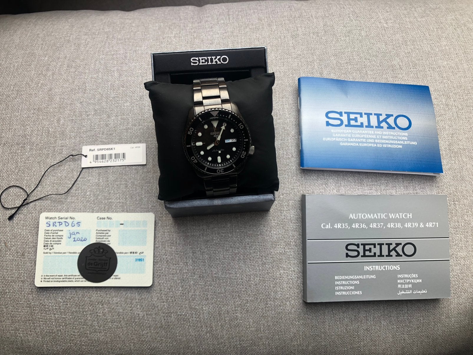 Seiko 5 sport SRPD65K1 Black, Ophalen, Zo goed als nieuw, Staal, Seiko