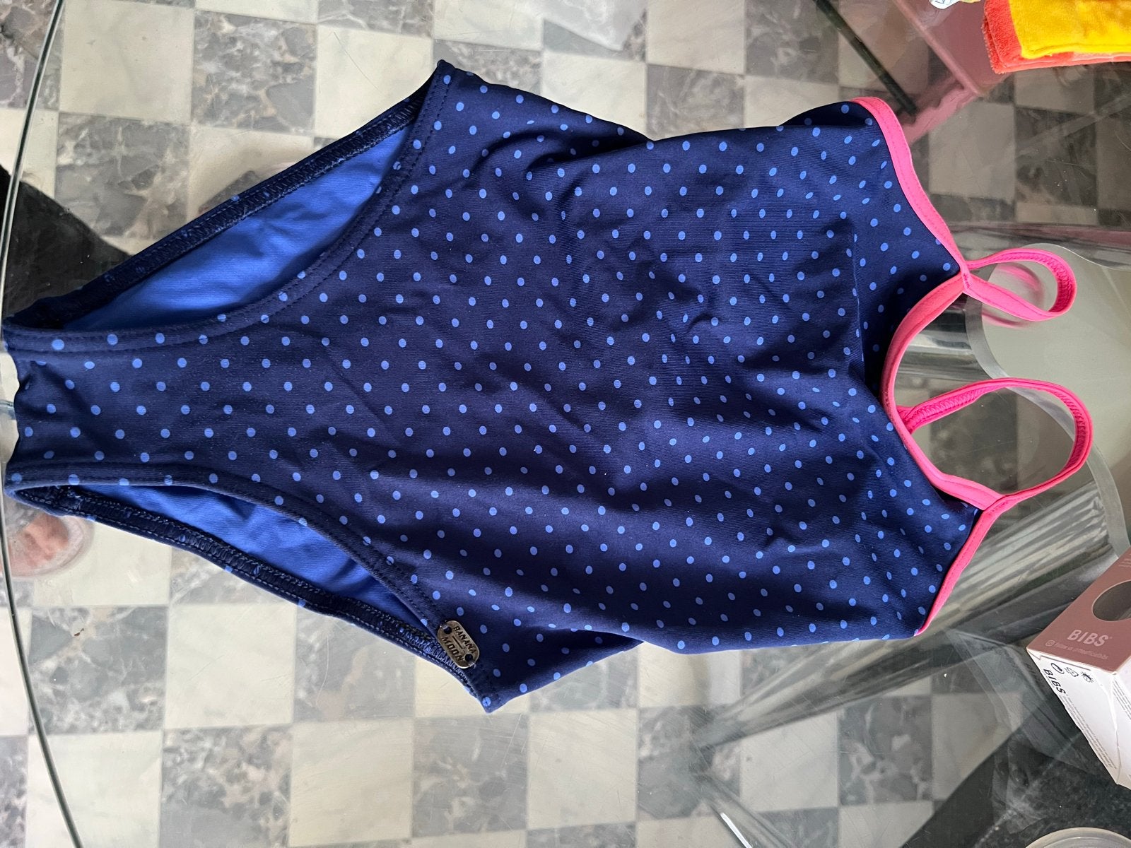 Leuk blauw badpak met stippen en roze bandjes, Ophalen of Verzenden, Gebruikt, Meisje, Badpak