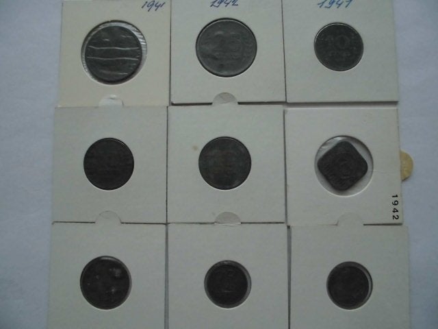 9 munten Nederland 25,10,5,2/5.1 cent 1941/1943 Zink, Postzegels en Munten, Ophalen of Verzenden, Koningin Wilhelmina, 25 cent