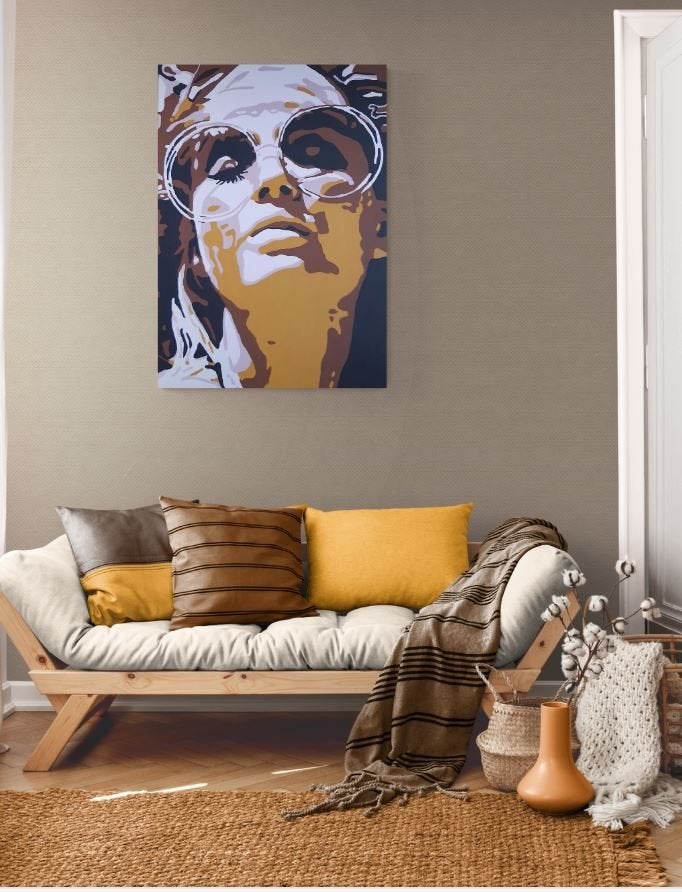 Groot uniek schilderij modern portret vrouw oker/bruin70x100, Ophalen of Verzenden