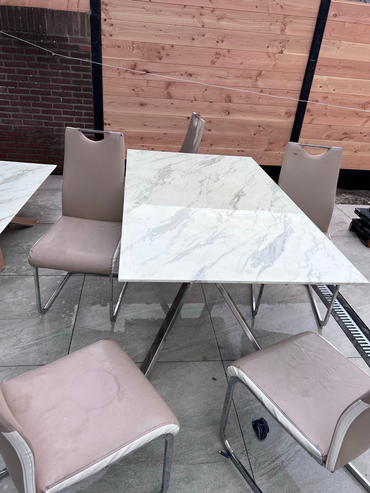 Eettafel met 6 stoelen - Marmerlook, Huis en Inrichting, Tafels | Eettafels, Ophalen, Overige materialen, Gebruikt, 50 tot 100 cm