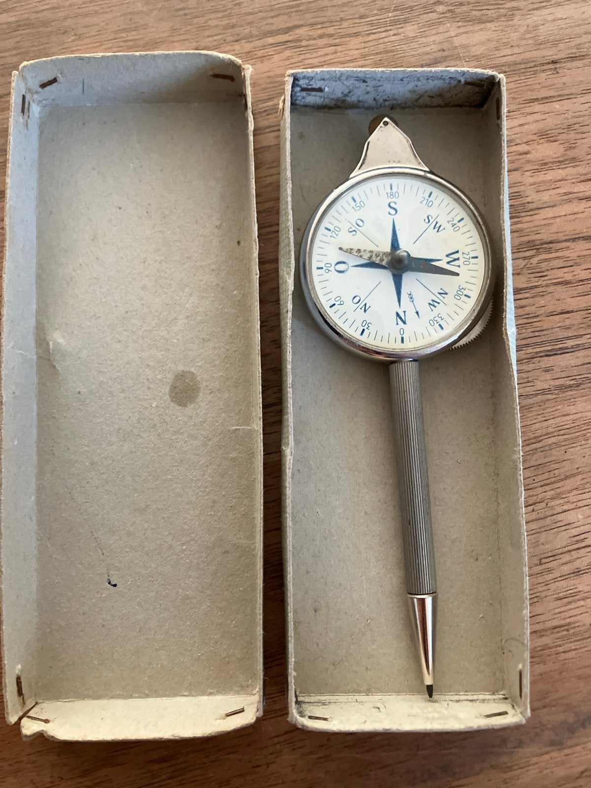 Antieke kompas en kaartmeter in originele doos, Verzenden