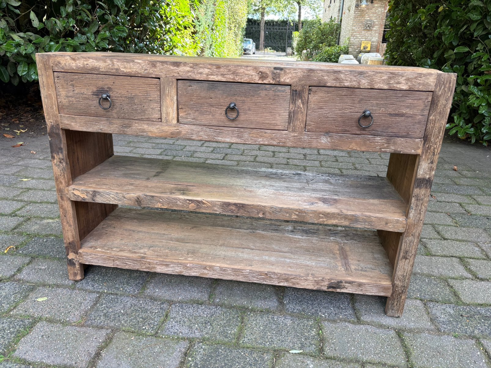 Stoere sidetable met 3 laden - oud Railwood, Ophalen, 100 tot 150 cm, Teakhout, Zo goed als nieuw