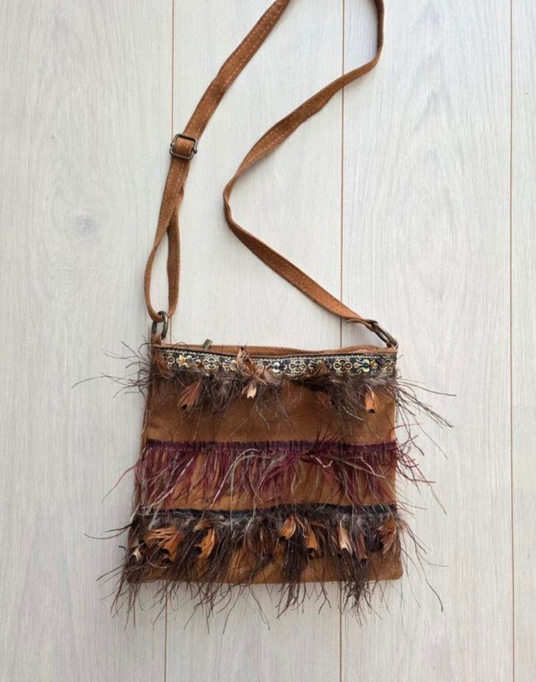 Genuine Leather suede tas bruin veren festival ibiza boho, Ophalen of Verzenden, Zo goed als nieuw, Bruin, Schoudertasje