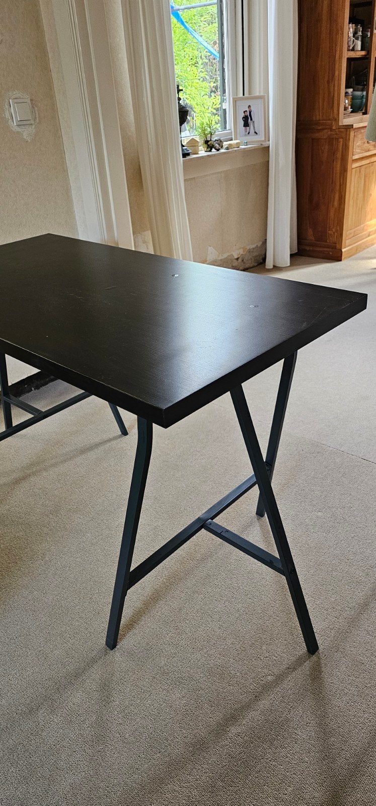Zwart bureau/tafel metalen onderstel Ikea lerberg/ fjällbo, Gebruikt, 100 tot 150 cm, Modern, Industrieel, Tot twee personen