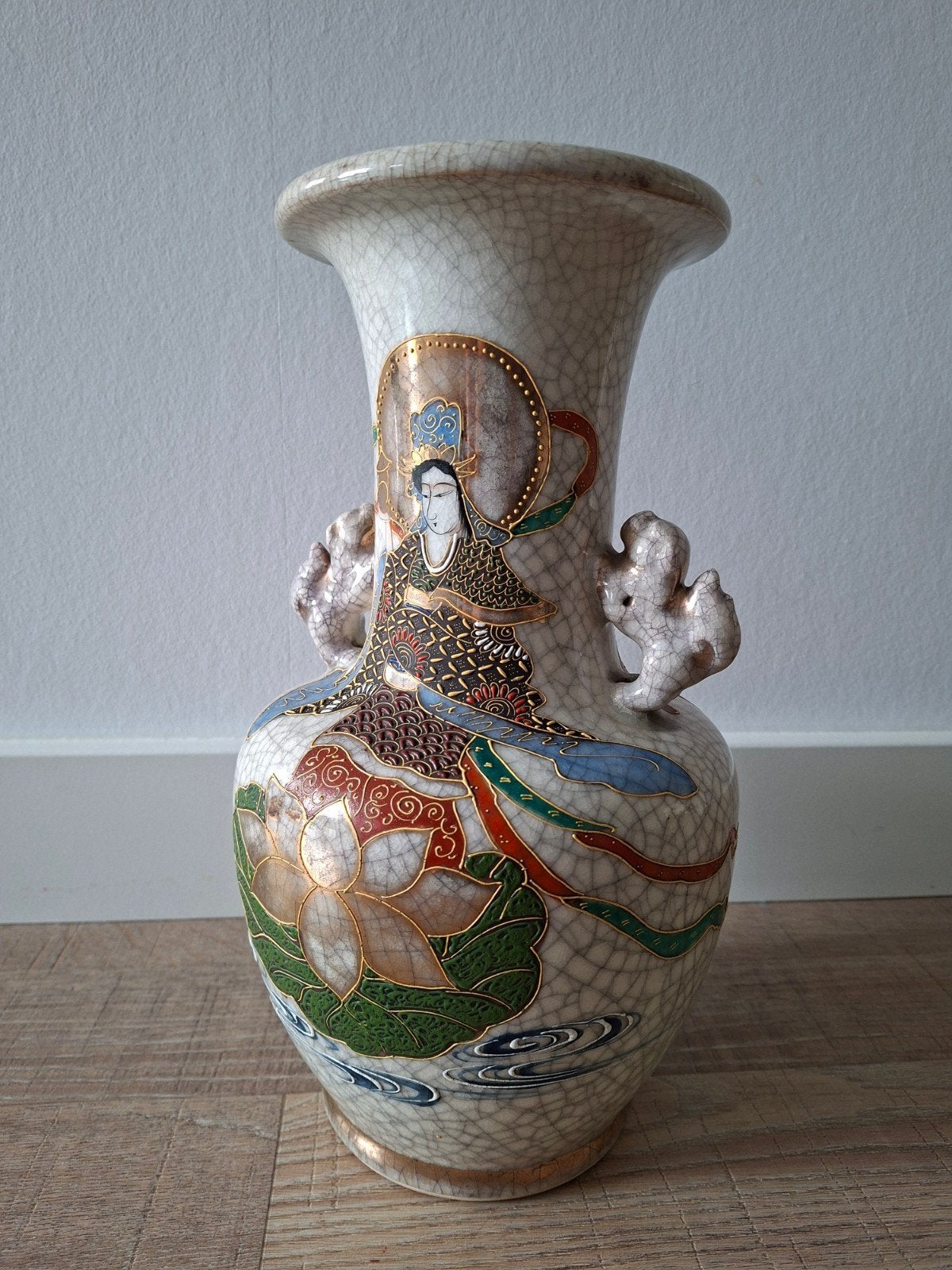 Antieke Japanse craquelé vaas cloissoné stijl €75, Ophalen of Verzenden