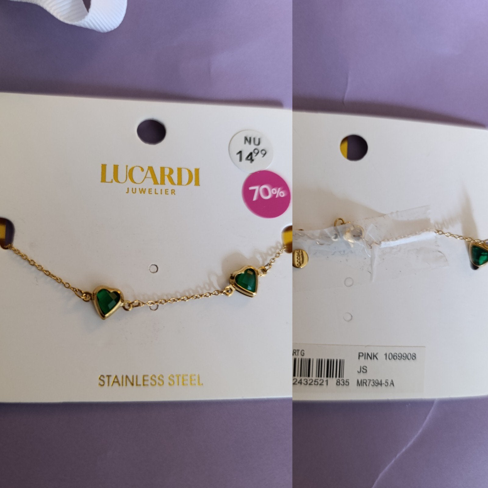 Lucardi RVS Armband met Groene Hartjes, Sieraden, Tassen en Uiterlijk, Ringen, IJzer of Staal, Nieuw, Ophalen of Verzenden, Met edelsteen