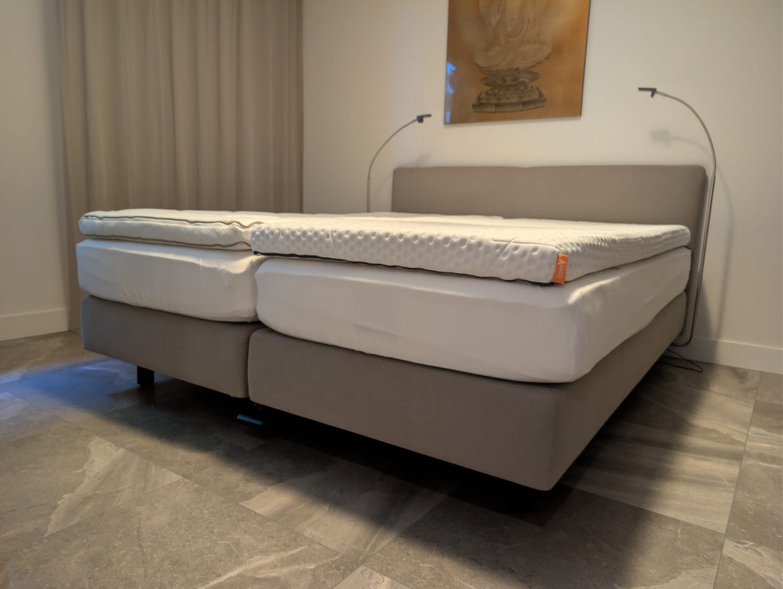 Auping boxspring met emma top& lampen uniek!, Ophalen of Verzenden, Zo goed als nieuw, Tweepersoons, 180 cm