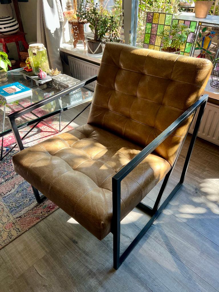 Als nieuw cognac leren fauteuil industrieel lounge stoel, Huis en Inrichting, Fauteuils, Ophalen, 75 tot 100 cm, Zo goed als nieuw
