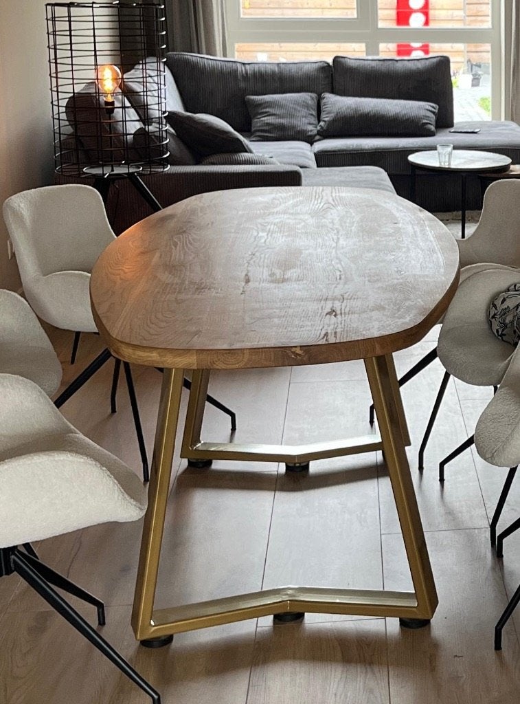 Ovale Eettafel 180x90 cm – Eikenhout met Goud Onderstel, Ophalen, 50 tot 100 cm, Zo goed als nieuw, Vijf personen of meer