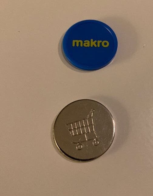 Winkelwagenmuntje, Makro en één met winkelwagentje erop., Ophalen of Verzenden