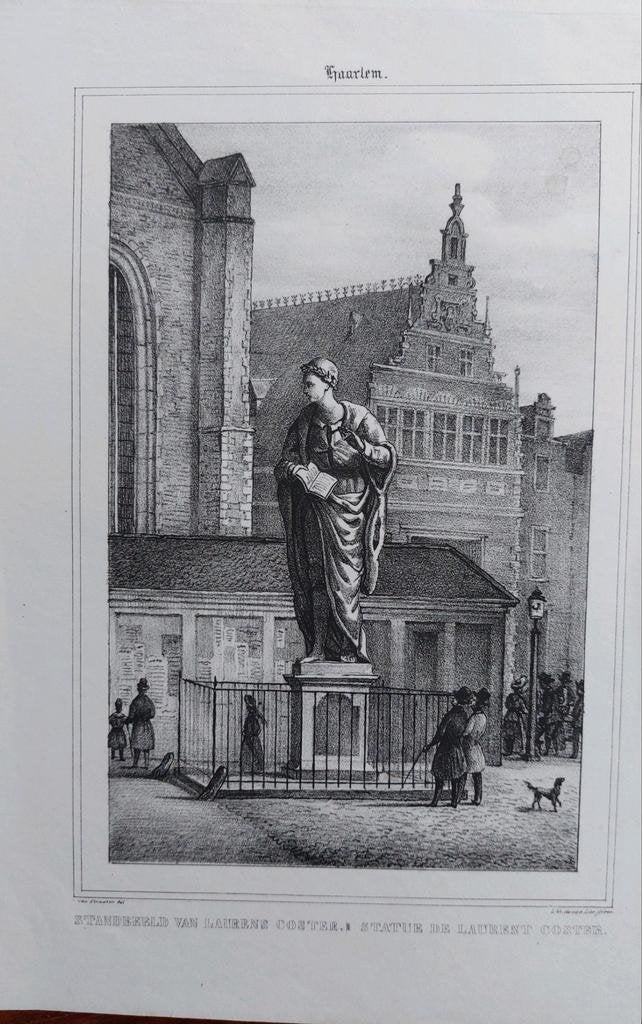 1 / Standbeeld Lauren Coster Haarlem Litho uit 1839, Antiek en Kunst, Ophalen of Verzenden