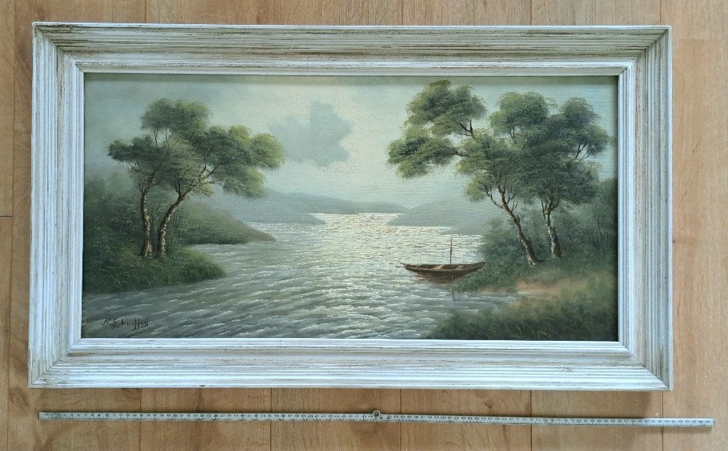 Gesign. groot olieverf schilderij  canvas hout lijst boot, Ophalen, Doek, Gesigneerd, Landschap