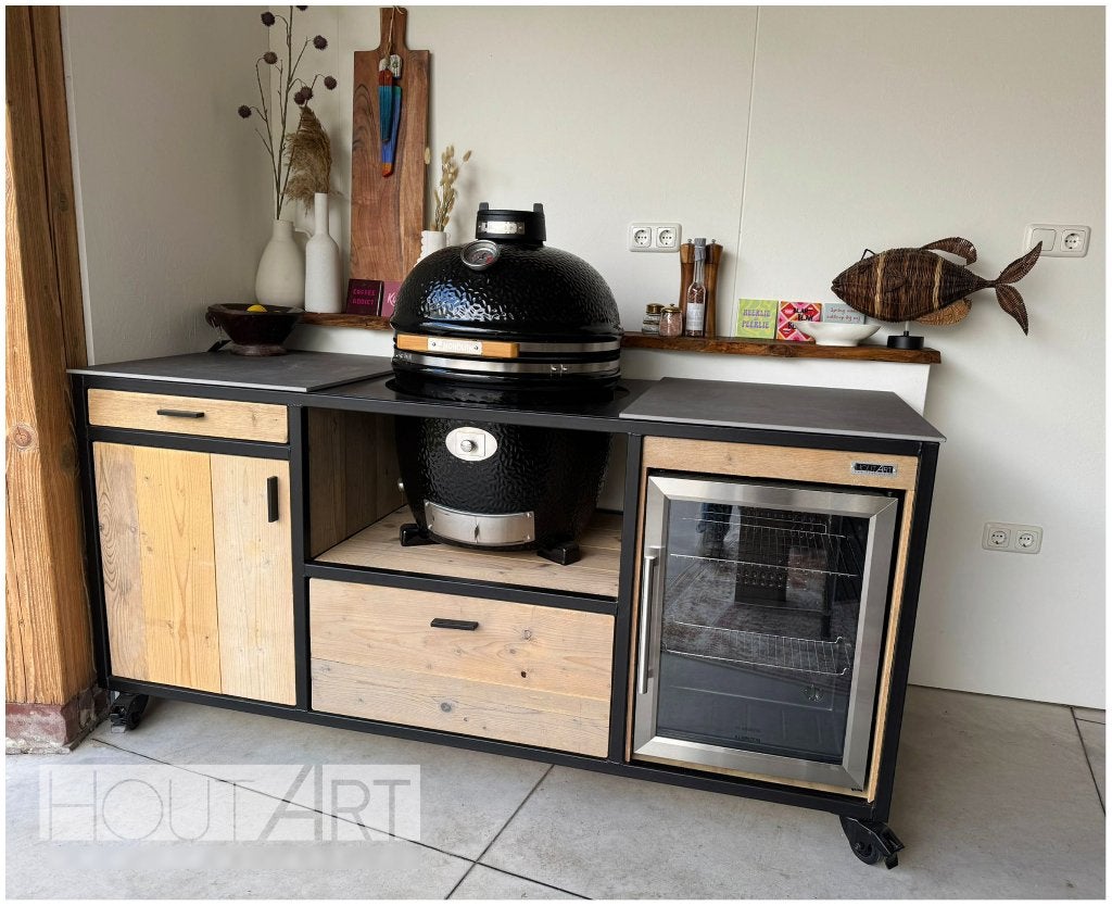 Buitenkeuken Kamado Egg stalen frame incl. koelkast, Houtskool, Info@hout-art.nl, Nieuw, Borretti