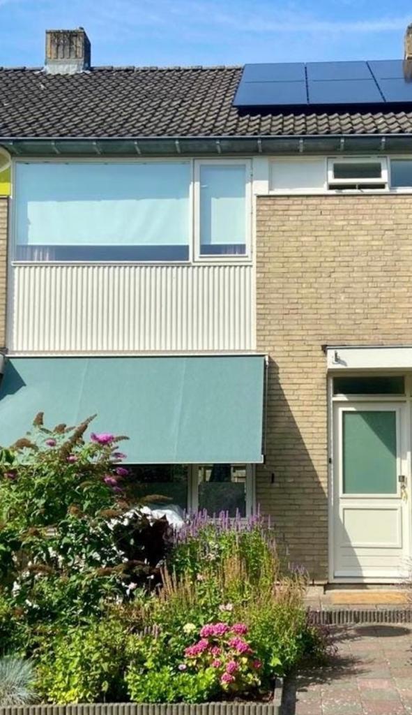 Zonnescherm Cremewit met groen, Tuin en Terras, Zonneschermen, Ophalen, Zo goed als nieuw, Knikarmscherm