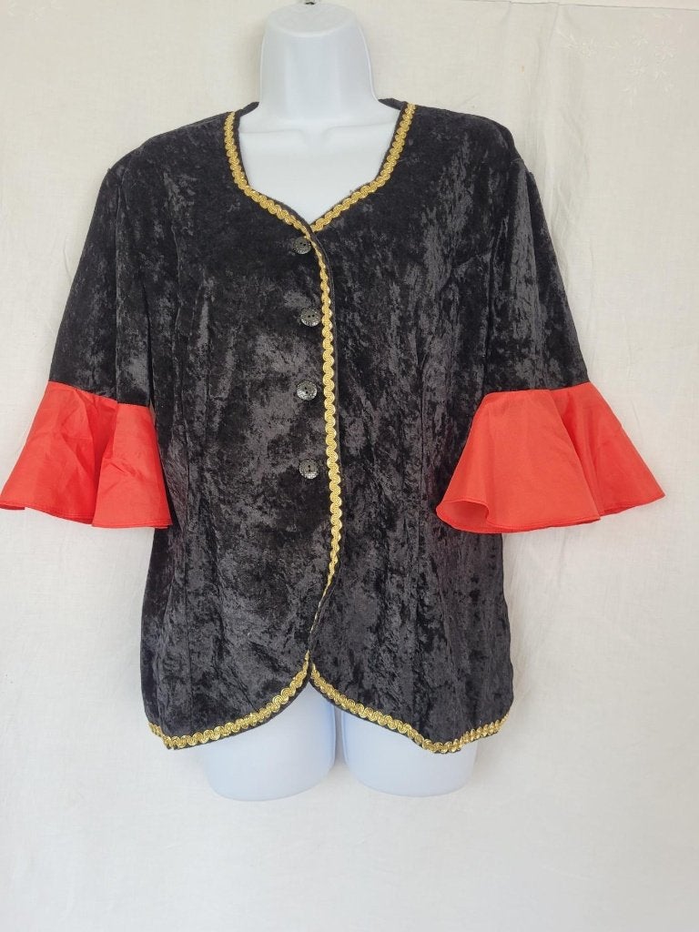 Gaaf carnavals bovendeel, zwart met goud, rode mouw mt L, Carnaval, ., Maat 42/44 (L), Ophalen of Verzenden