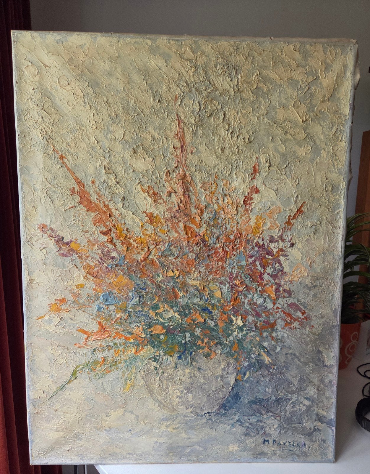 Bloemen Schilderij M. Pavelka olieverf op canvas ., Ophalen of Verzenden