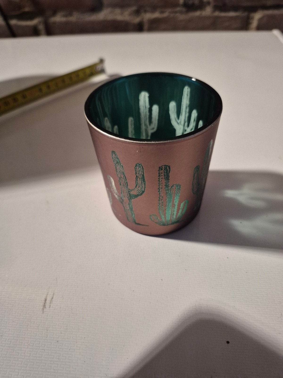 Kleine bloempot met cactus motief groen metallic 8 hoog, Ophalen, Rond, Aardewerk, Minder dan 40 cm