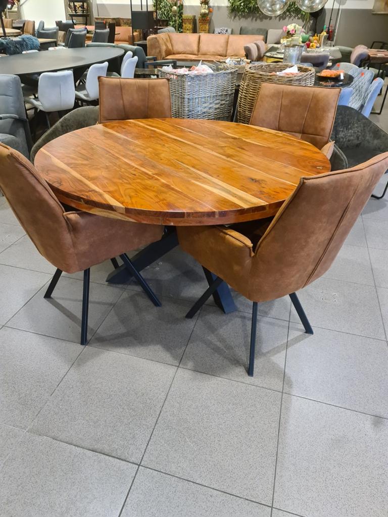 Nieuwe eettafel rond 150cm teakhout spinpoot €225, Ophalen, Hout, ., Nieuw