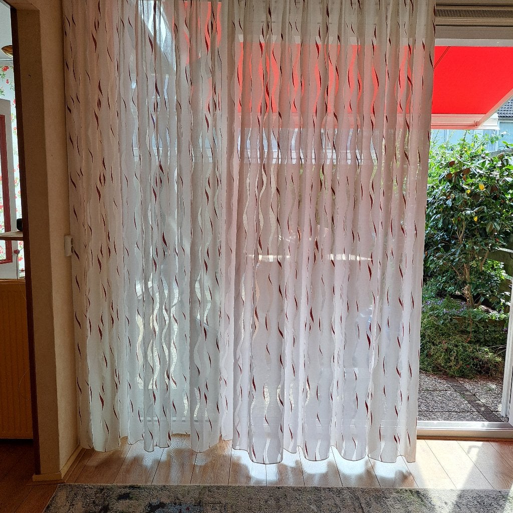 Vitrage Inbetweens wit bruin / rood, Huis en Inrichting, 200 cm of meer, Ophalen of Verzenden, Zo goed als nieuw, 200 cm of meer