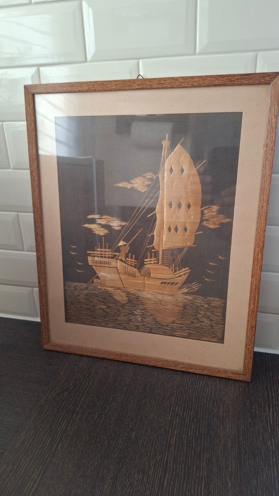 Antiek schilderij afb zeilboot gemaakt van stro en bamboe, Bruin, Handgemaakt, Indonesië, Houtsnijwerk