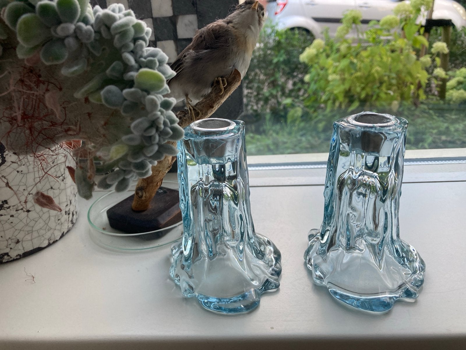 Set van 2 blauwe glazen kandelaars, Antiek en Kunst, Ophalen of Verzenden, Glas