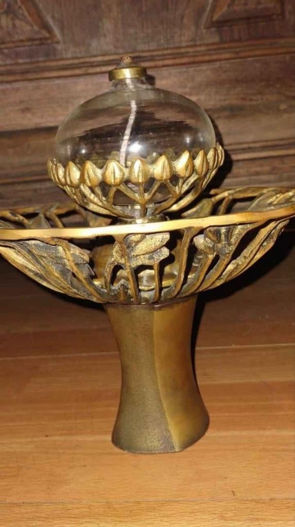 Antieke koperen olie lamp Art Nouveau, Ophalen, Koper
