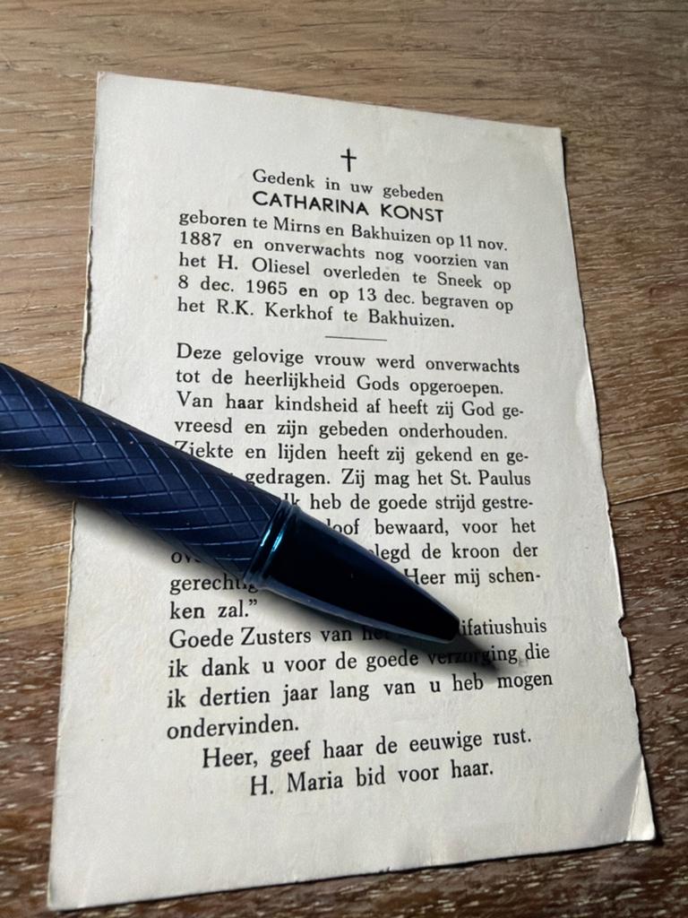 Konst Catharina 1887 Mirns en Bakhuizen 1965 Sneek Bakhuizen, Verzamelen, Bidprentjes en Rouwkaarten, Bidprentje, Ophalen of Verzenden