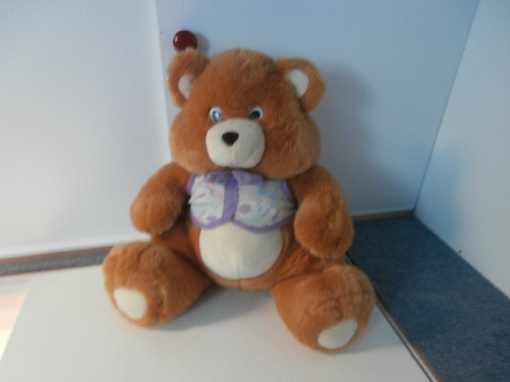Knuffel beer grote zachte bruine knuffelbeer met paars jasje, Beer, Ophalen of Verzenden, Zo goed als nieuw, Middelgroot (20 tot 80 cm)